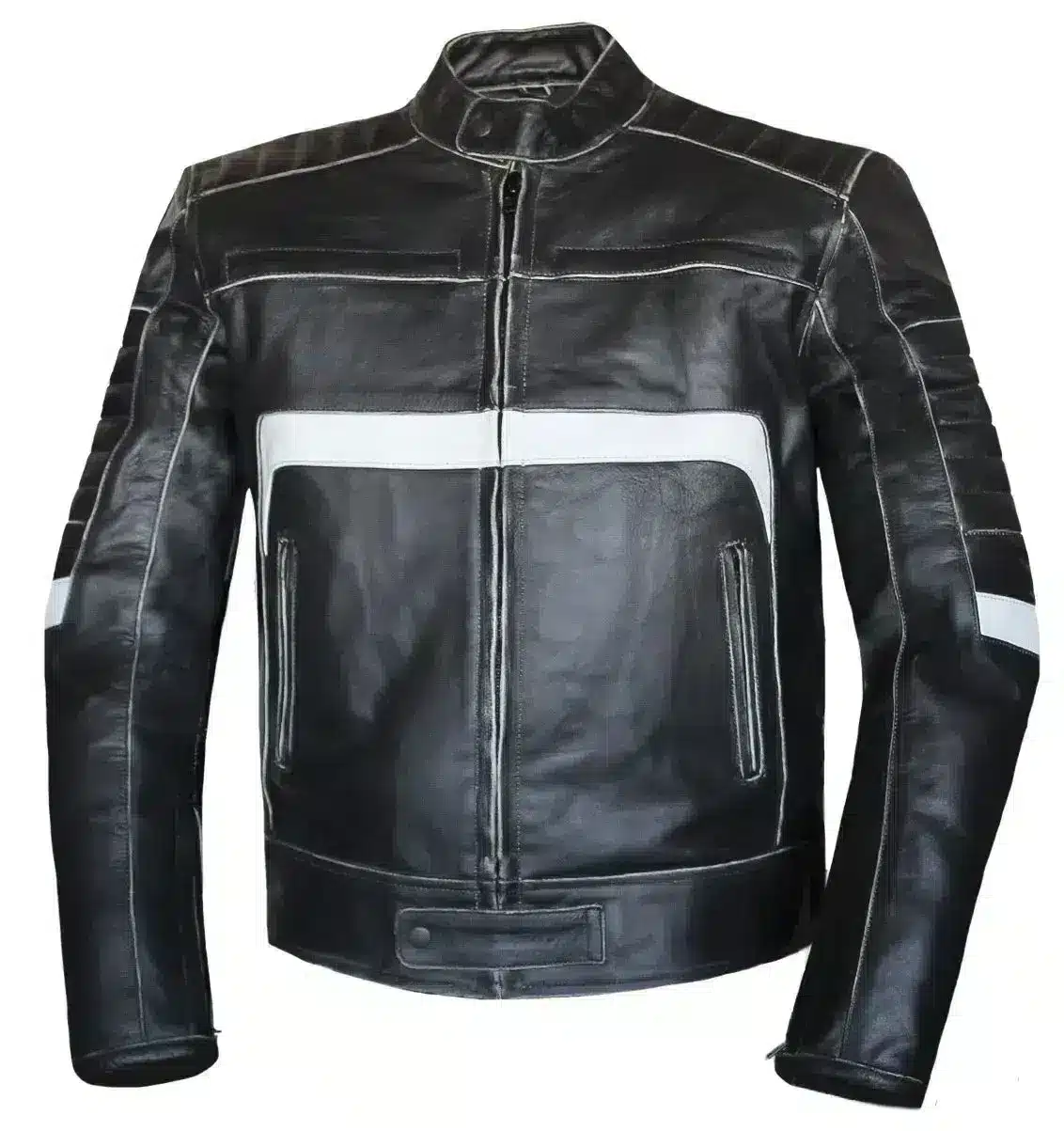 Men's Motorcycle Riding Genuine Leather Striped Jacket - Front Side Men's Motorcycle Riding Genuine Leather Striped Jacket - Front Side